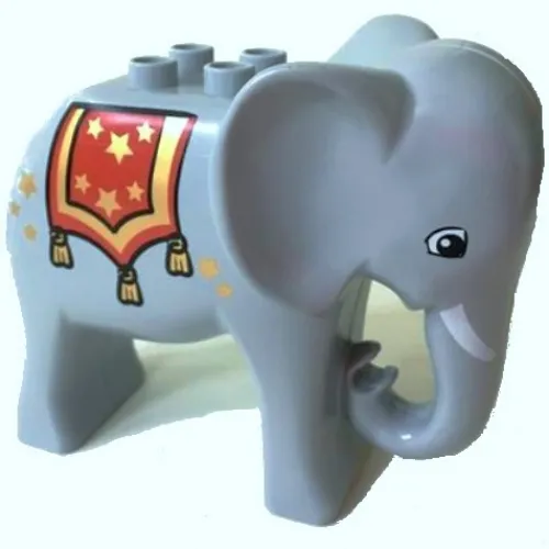 Duplo Animal Elephant Adult Stationary Head, Four Studs, Angular Eye, Tusks, and Red Blanket with Stars Print