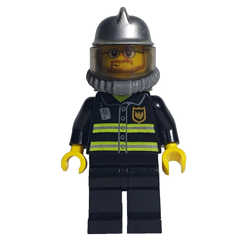 Fireman, Black Fire Jacket with Reflective Stripes, Radio, and Badge, Silver Helmet, Breathing Apparatus, Airtanks, Beard and Glasses