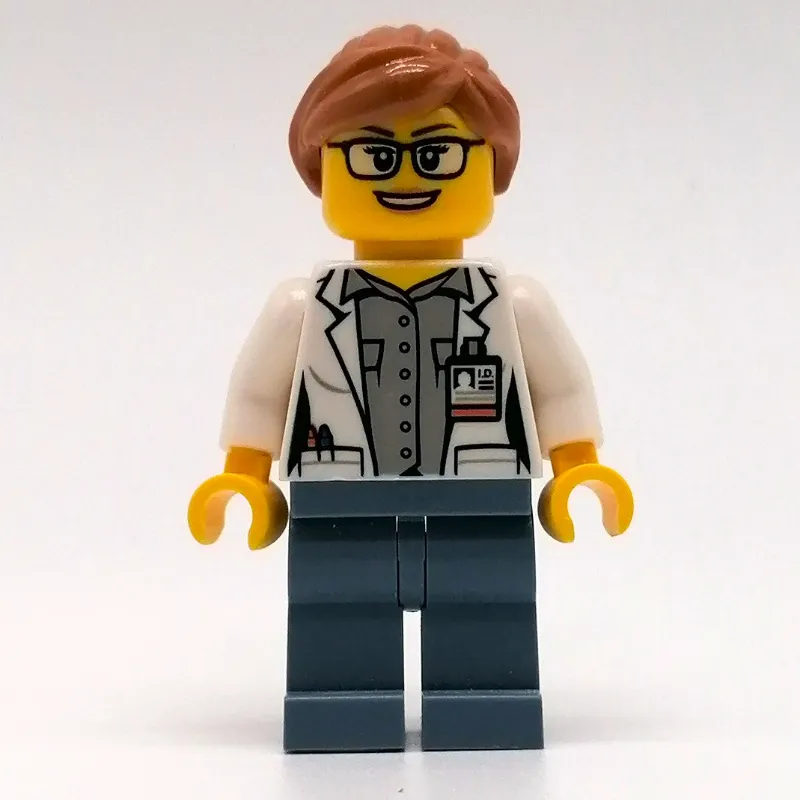 Marine Scientist, Woman, Open White Lab Coat, Sand Blue Legs, Medium Nougat Hair, Glasses