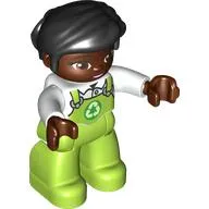 Duplo Figure with Thick Short Hair Combed over Forehead and Bun Black, Reddish Brown Head, Hands, Lime Overall, White Shirt print