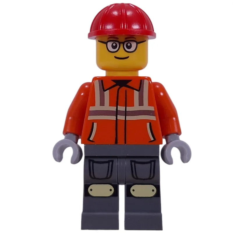 Construction Worker, Reddish Orange Safety Jacket, Overalls, Red Helmet