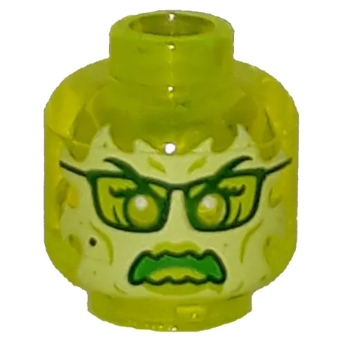 Minifig Head Ghost, with Yellowish Green Face, Glasses, Angry and Flames in Back Print