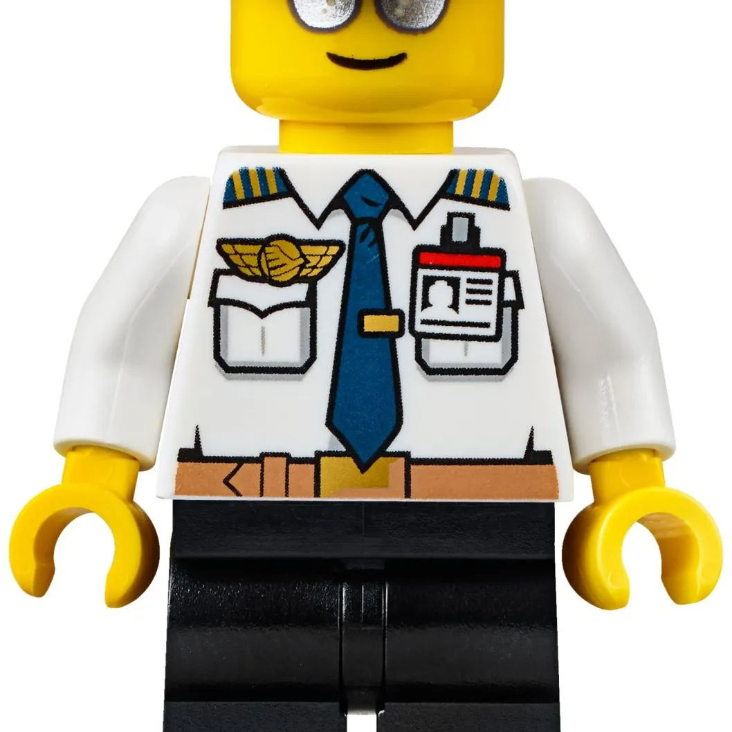 Pilot, White Shirt with Tie and Wing Badge, Black Legs, Black Hat, Silver Sunglasses