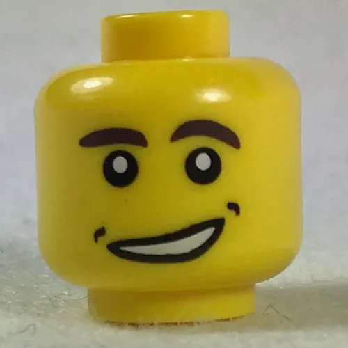 Minifig Head, Dark Brown Eyebrows, Open Sideways Smile with Dimples Print [Hollow Stud]