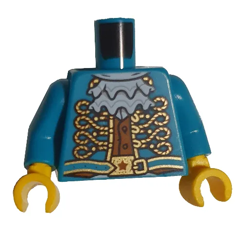 Torso Jacket with Gold Filigree, White Ruffle, Orange Shirt Print, Dark Turquoise Arms, Yellow Hands