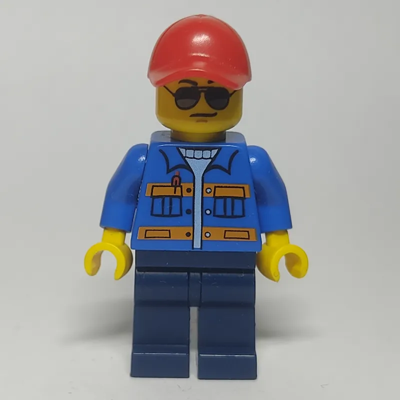 Man, Blue Jacket with Orange Stripes, Dark Blue Legs, Red Cap, Sunglasses - No Backprint