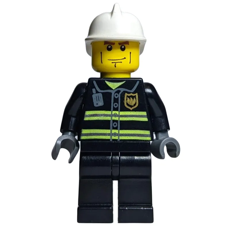 Fireman, Black Fire Jacket with Reflective Stripes, Radio, and Badge, Dark Bluish Gray Hands, White Helmet, Cheek Lines