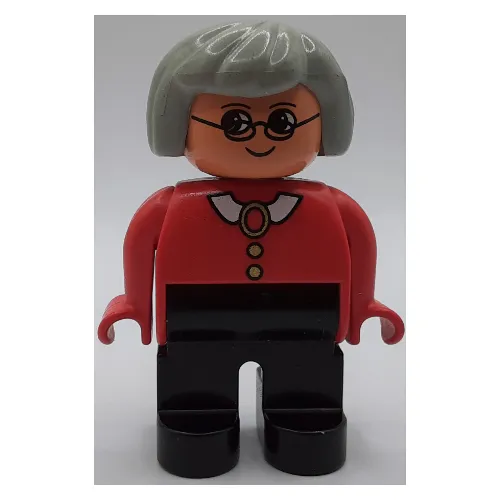 Duplo Figure, Early, Hair Bob Light Gray, Black Legs, White Collar and Buttons, Glasses Print