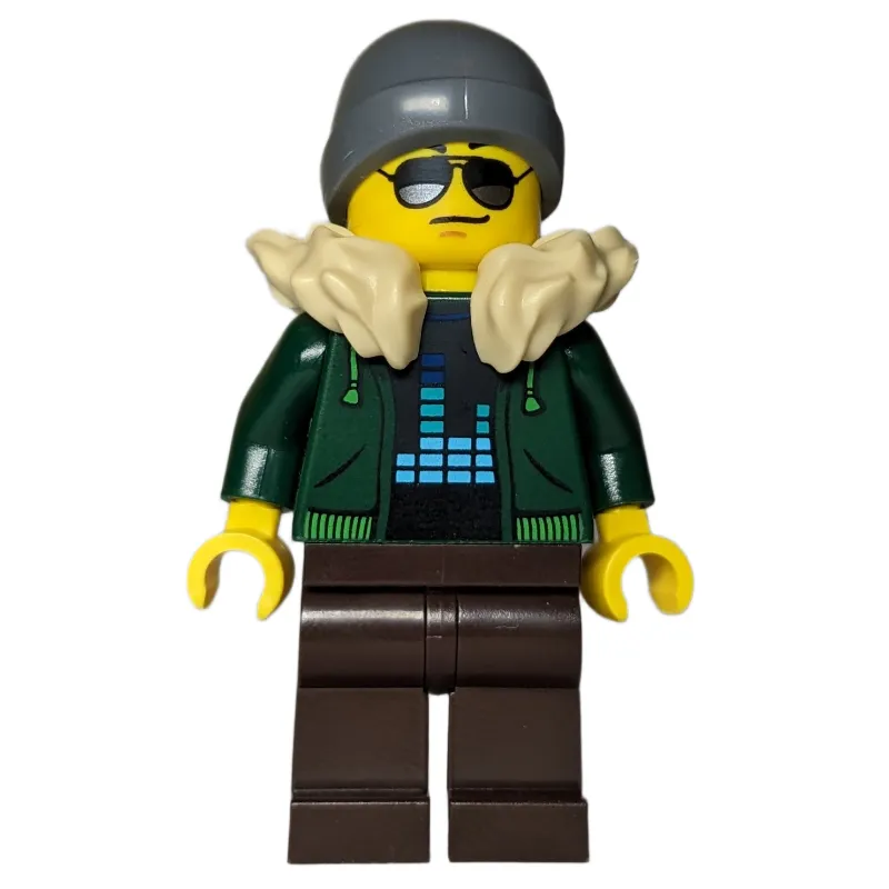 Dark Green Torso, Dark Brown Legs, Tan Collar, Dark Bluish Grey Beanie