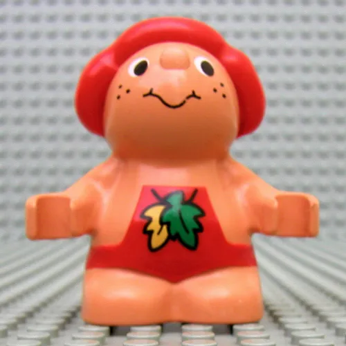 Duplo Figure Little Forest Friend, Male, Red Overalls with Green and Yellow Leaf Print (Baby Jelly Strawberry)