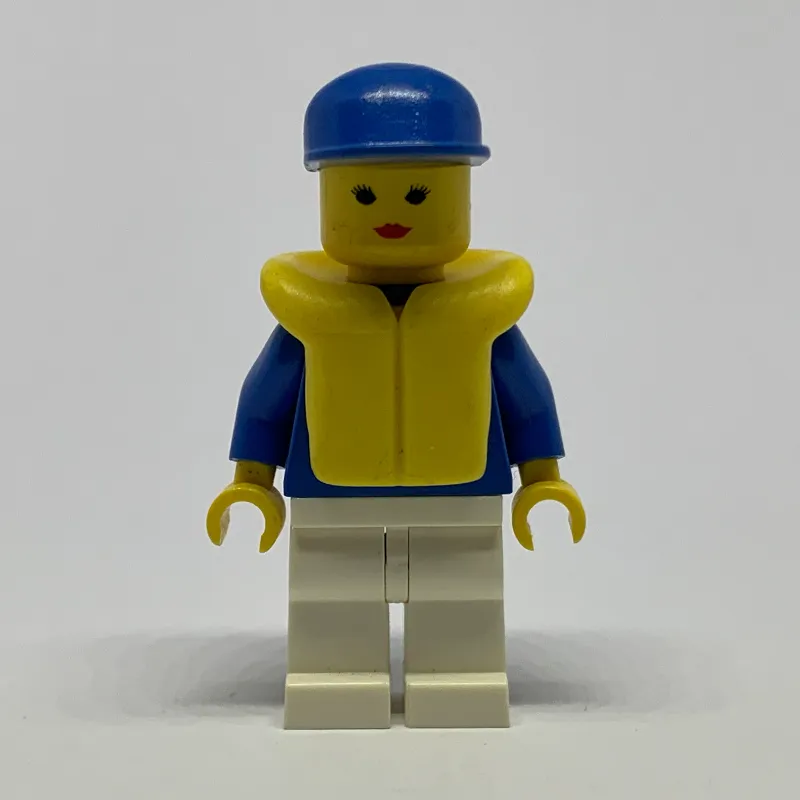 Woman, Blue and White Jogging Suit, Blue Cap, Yellow Life Vest