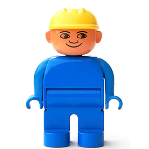 Duplo Figure, Early, Hard Hat Yellow, Blue Legs, Plain Top
