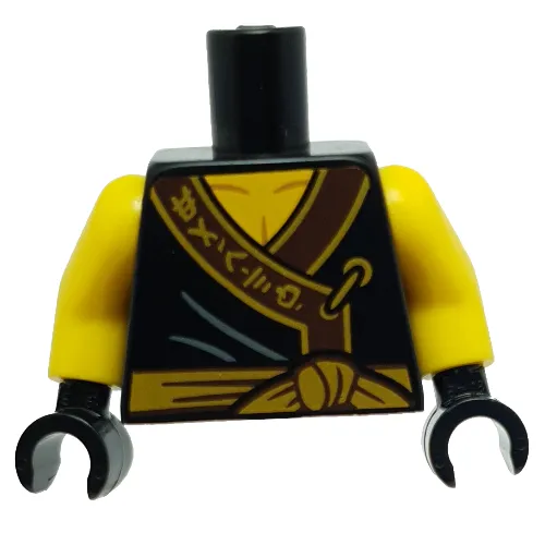 Torso Robe, Dark Brown Trim, Gold Asian Characters, Gold Tied Sash Belt Print, Yellow Arms, Black Hands