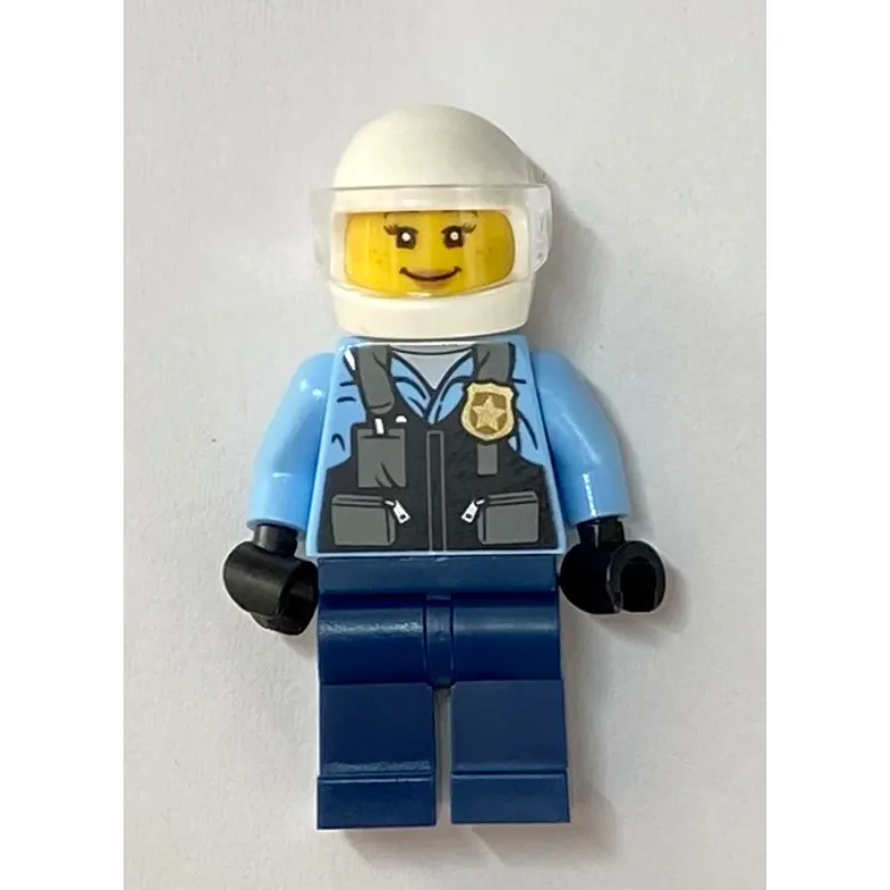 Policewoman, Bright Light Blue Shirt, Dark Blue Legs, White Helmet an Visor