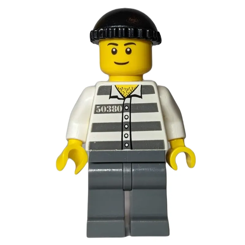 Criminal, Prison Shirt with #50380, Dark Bluish Gray Legs, Black Hat (3626bpr0891 Head)