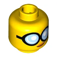 Minifig Head GPL Tech, Large Round Glasses with Bright Light Blue Lenses, Closed Mouth with Orange Lips, Slight Crooked Smile Print [Hollow Stud]