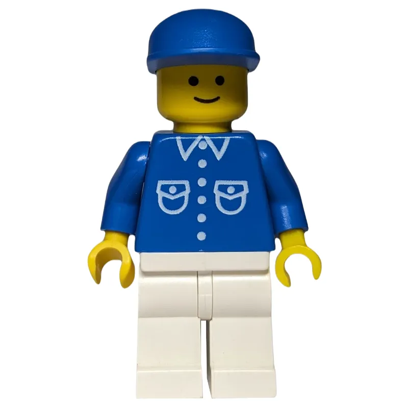 Man, Blue Shirt with Buttons and Pockets, White Legs, Blue Cap