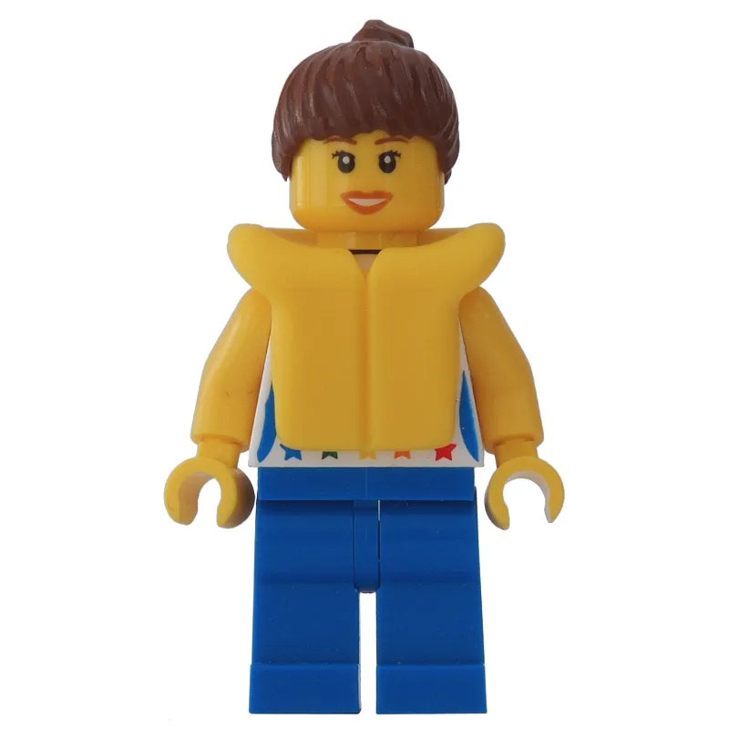 Woman, White Vest with Stars, Blue Legs, Reddish Brown Hair, Yellow Life Vest