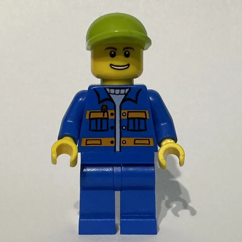Worker, Blue Shirt with Orange Stripes and Pockets, Lime Cap