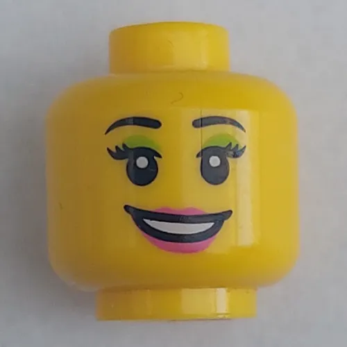 Minifig Head, Peach Lips, Open Mouth Smile, Black Eyebrows, Light Green Mascara Print