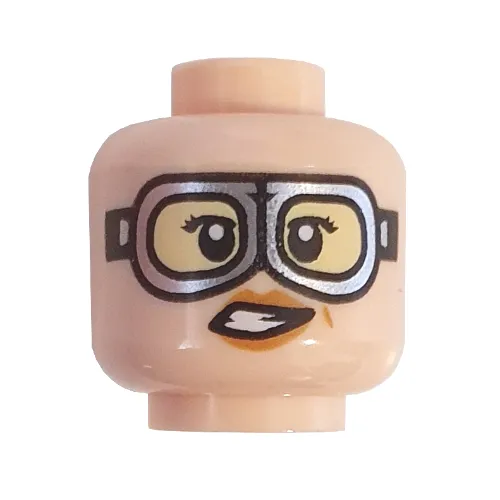 Minifig Head Jillian Holtzmann, Dark Tan Eyebrows, Smile / Silver Goggles Print