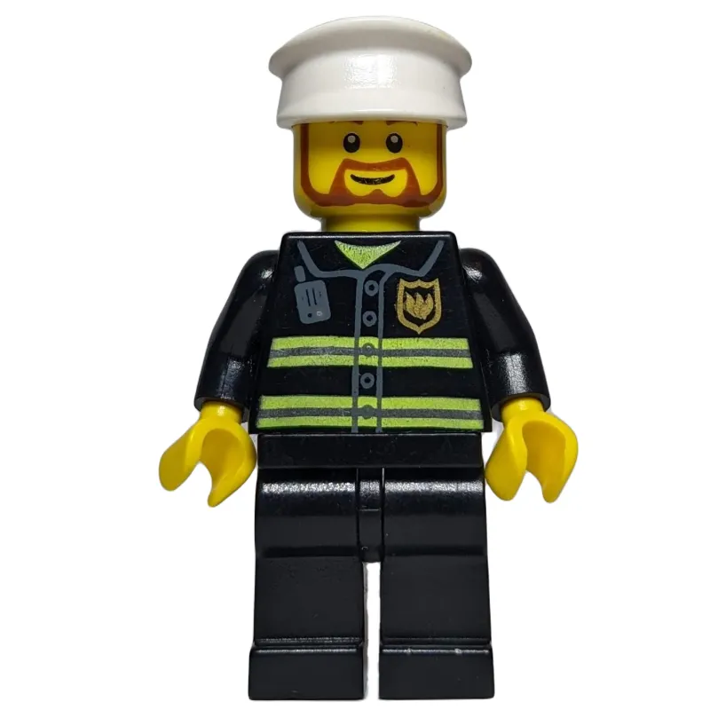 Fireman, Black Fire Jacket with Reflective Stripes, Radio, and Badge, White Hat, Beard