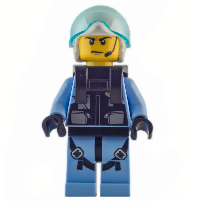 Policeman, Black Vest with Badge and Pouches over Bright Light Blue Shirt, White Helmet with Visor, Neck Bracket, Headset