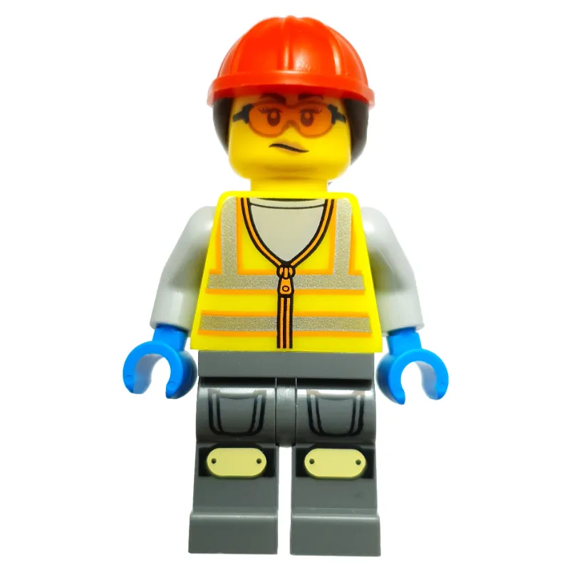 Workshop Mechanic, Vibrant Yellow Safety Vest, Dark Bluish Grey Legs, Red Cap, Orange Safety Glasses