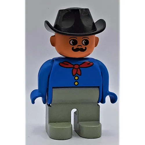 Duplo Figure, Early, Cowboy Hat Black, Light Gray Legs, Red Neckerchief, Moustache Print
