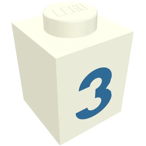 Brick 1 x 1 with Blue '3' Print (Bold Font)
