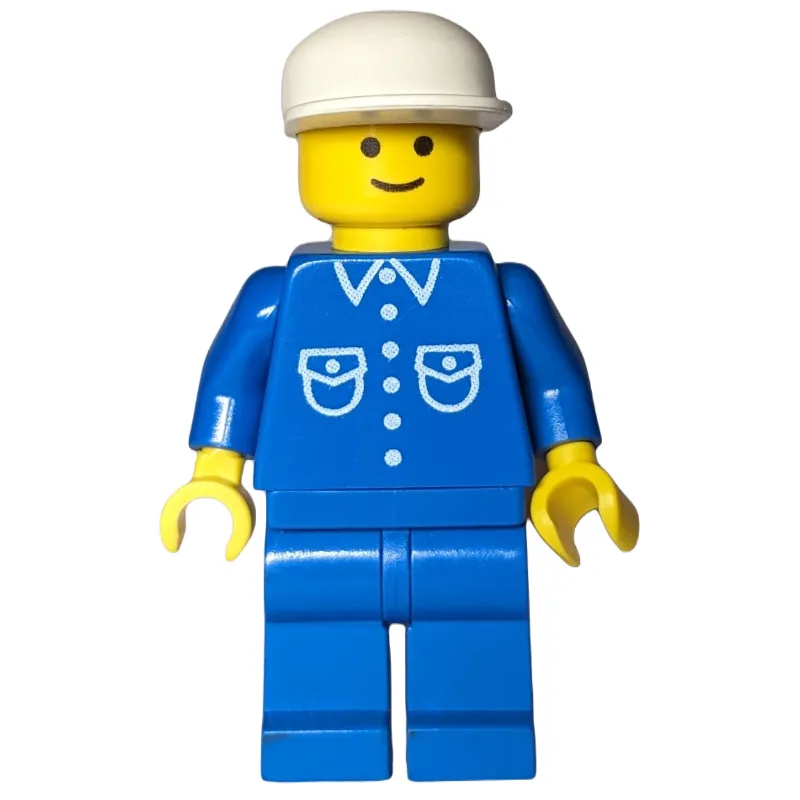 Man, Blue Shirt with Buttons and Pockets, Blue Legs, White Cap
