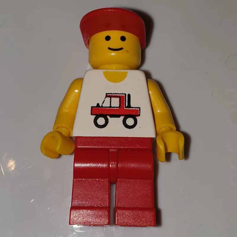 Man, White Vest with Truck, Red Legs, Red Cap