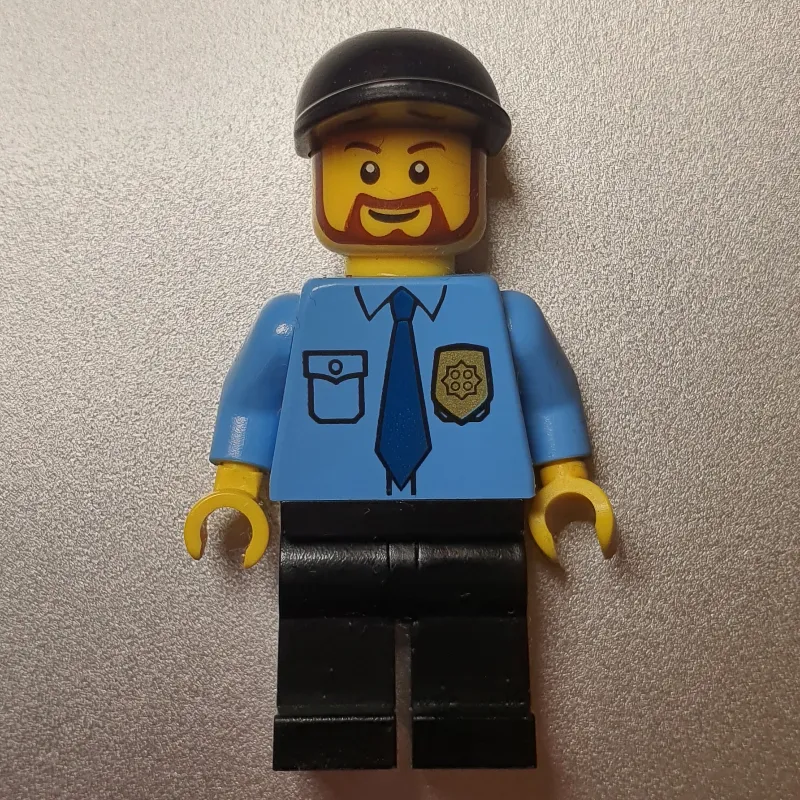 Policeman, Medium Blue Shirt with Badge and Tie, Black Cap, Beard