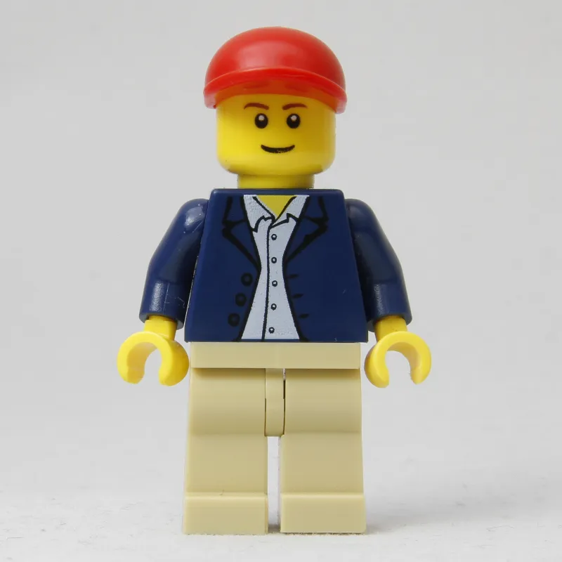 Man, Open Dark Blue Jacket, Tan Legs, Red Cap