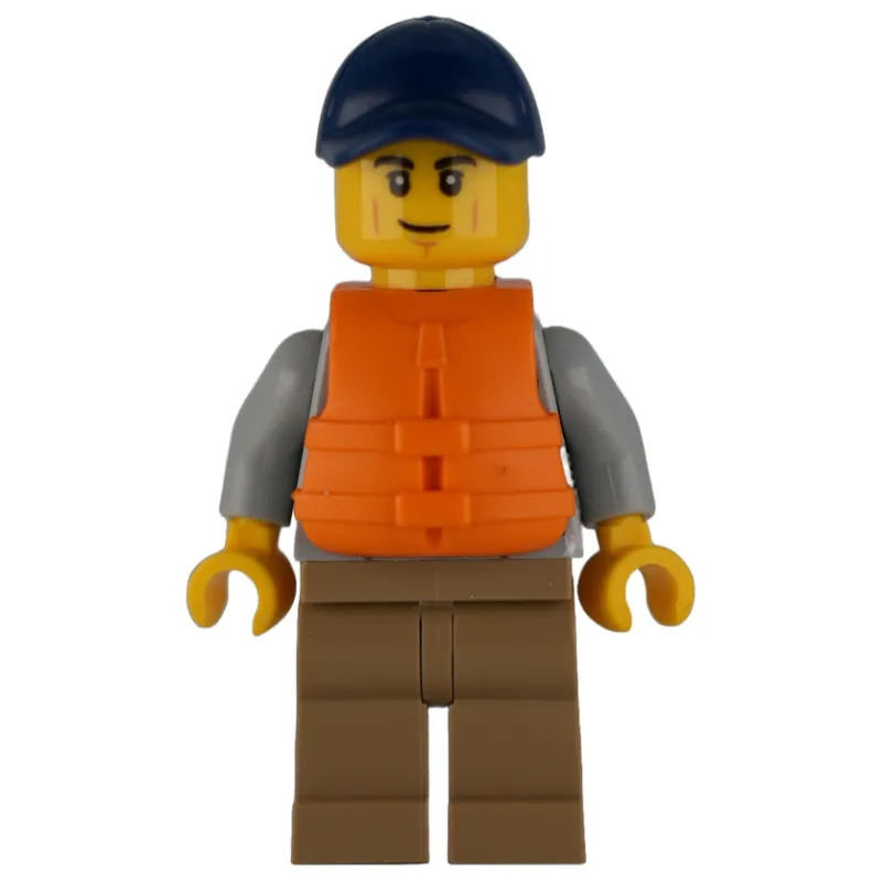 Man, Light Bluish Gray Hoodie over Dark Red Shirt, Dark Tan Legs, Dark Blue Cap, Orange Life Vest