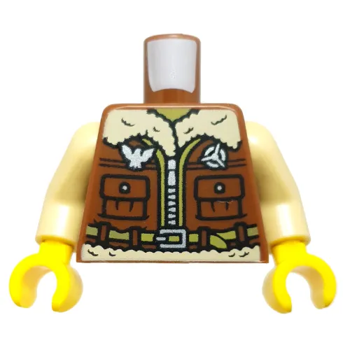 Torso Coat, Tan Fur, Zipper, Pockets, Lime Belt print, Tan Arms, Yellow Hands