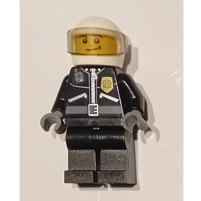 Policeman, Black Jacket with Zipper, Radio, and Badge, White Helmet and Visor, Brown Eyebrows