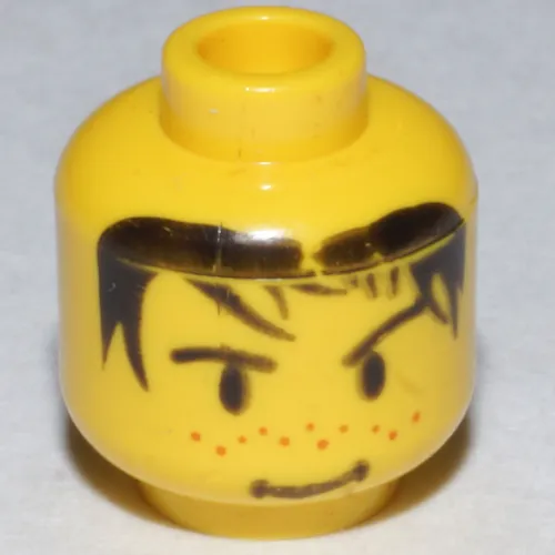 Minifig Head Mike / Soccer Player, Spiky Black Hair, Nose Freckles and Smirk Print