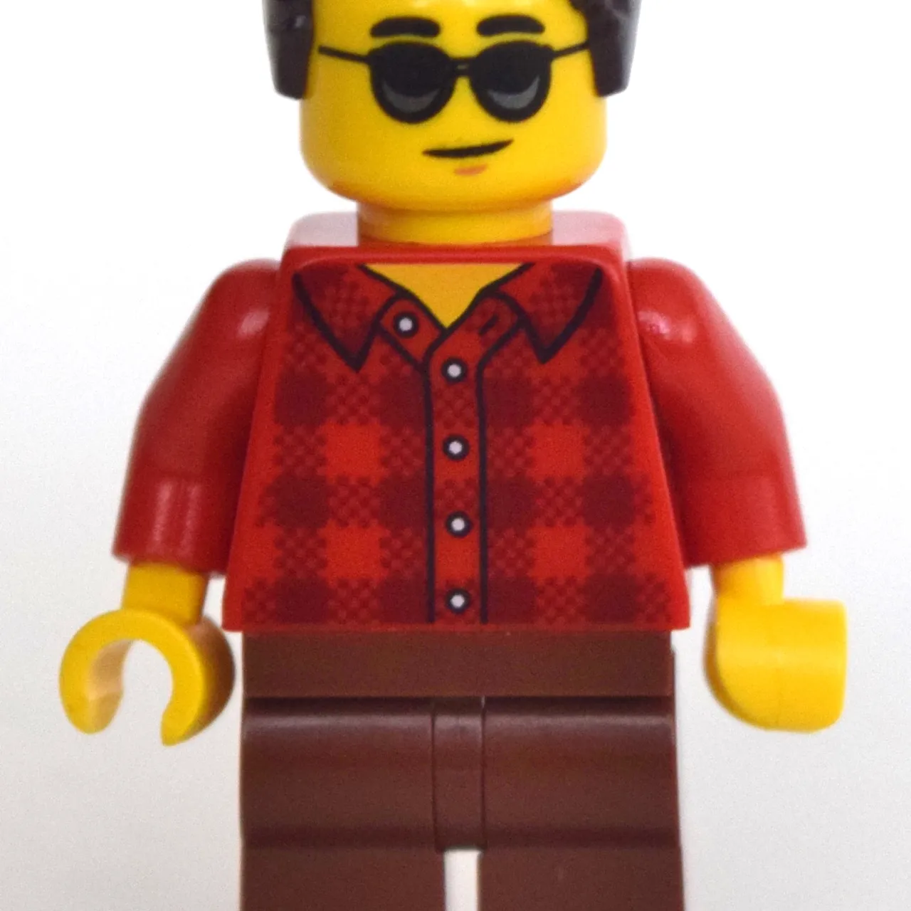 Man, Red Plaid Shirt, Reddish Brown Legs, Sunglasses, Dark Brown Hair