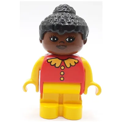 Duplo Figure, Early with Joined Legs Yellow, Yellow Collar, Buttons, Arms and Hands, Black Hair