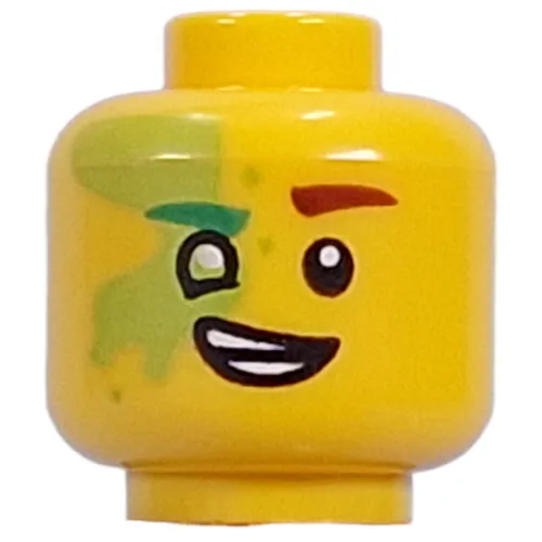 Minifig Head Mateo, Lime Spot over Eye, Green Left, Dark Red Right Eyebrow, Lime Left Eye, Open Mouth Lopsided Smile/Lopsided Grin