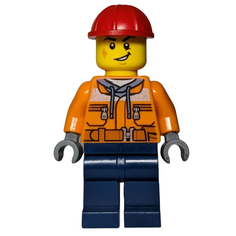 Construction Worker, Orange Safety Jacket, Dark Blue Legs, Red Hard Hat