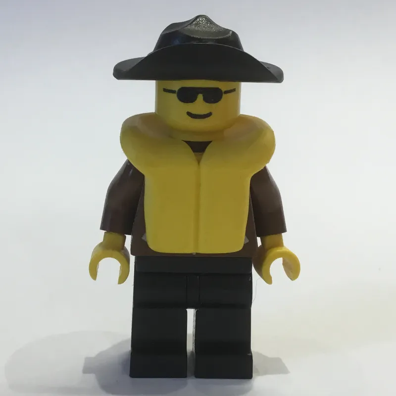 Man, Brown Jacket, Black Legs, Black Hat, Yellow Life Vest, Sunglasses