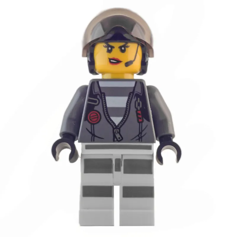 Criminal, Woman, Open Dark Bluish Gray Jacket with Zipper over Prison Shirt, Black Helmet with Visor