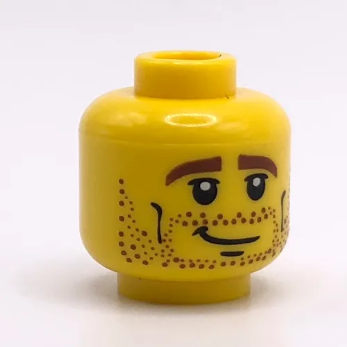 Minifig Head, Brown Stubble, Brown Eyebrows, Crooked Smile and Cheek Lines Print