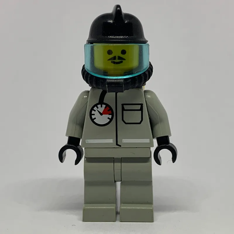 Fireman, Light Gray Fire Suit with Gauge and Pocket, Black Helmet with Visor, Breathing Apparatus, Airtanks, Moustache