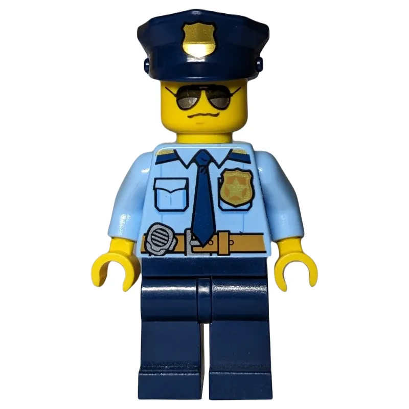 Policeman, Bright Light Blue Shirt with Dark Blue Tie, Badge, and Radio on Belt, Dark Blue Police Hat with Badge, Sunglasses