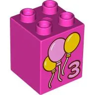 Duplo Brick 2 x 2 x 2 with '3', Bright Pink/Yellow Balloons print