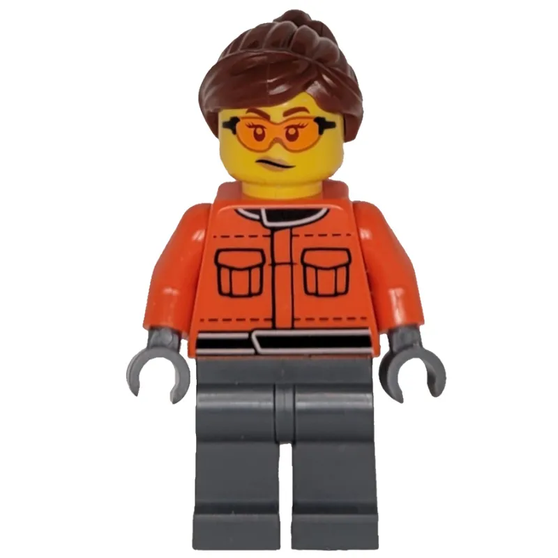 Pit Crew, Reddish Orange Torso, Dark Bluish Grey Legs, Female, Reddish Brown Hair