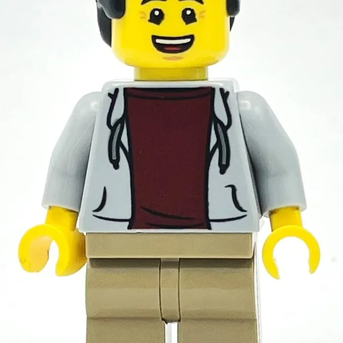 Light Bluish Grey Torso, Dark Tan Legs, Black Hair